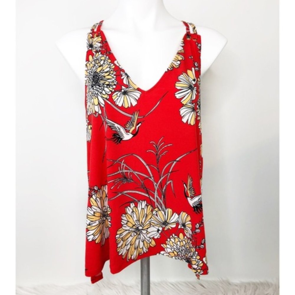 EXPRESS Red Orange Floral Bird V Neck Tank NWOT  L